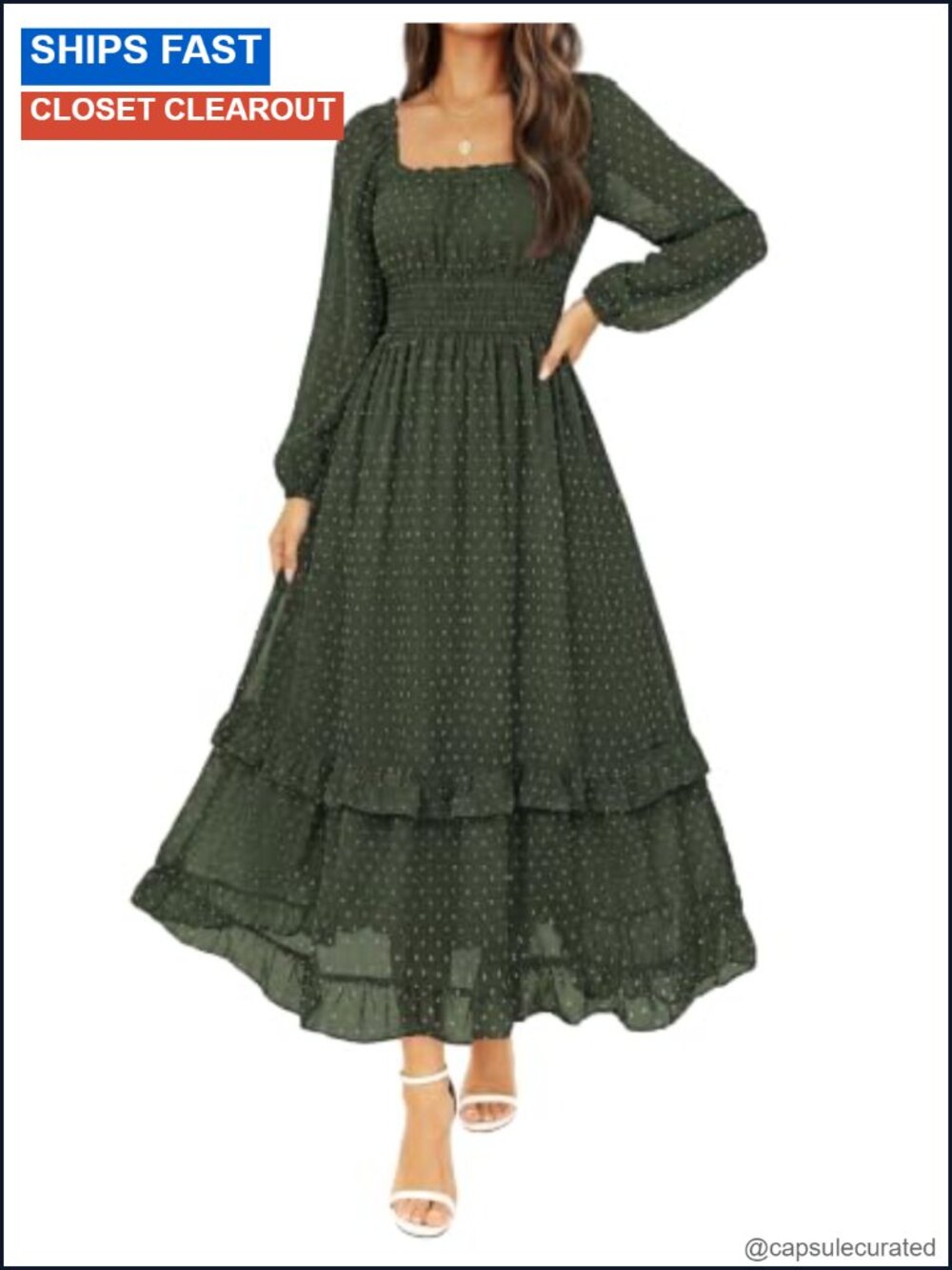 Swiss Dot Chiffon Square Neck Puff Sleeve Maxi Dress Wedding Guest
